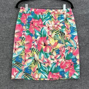 Ann Taylor Loft Floral Denim Pencil Skirt Size 6 Petite Colorful Birds Tropical